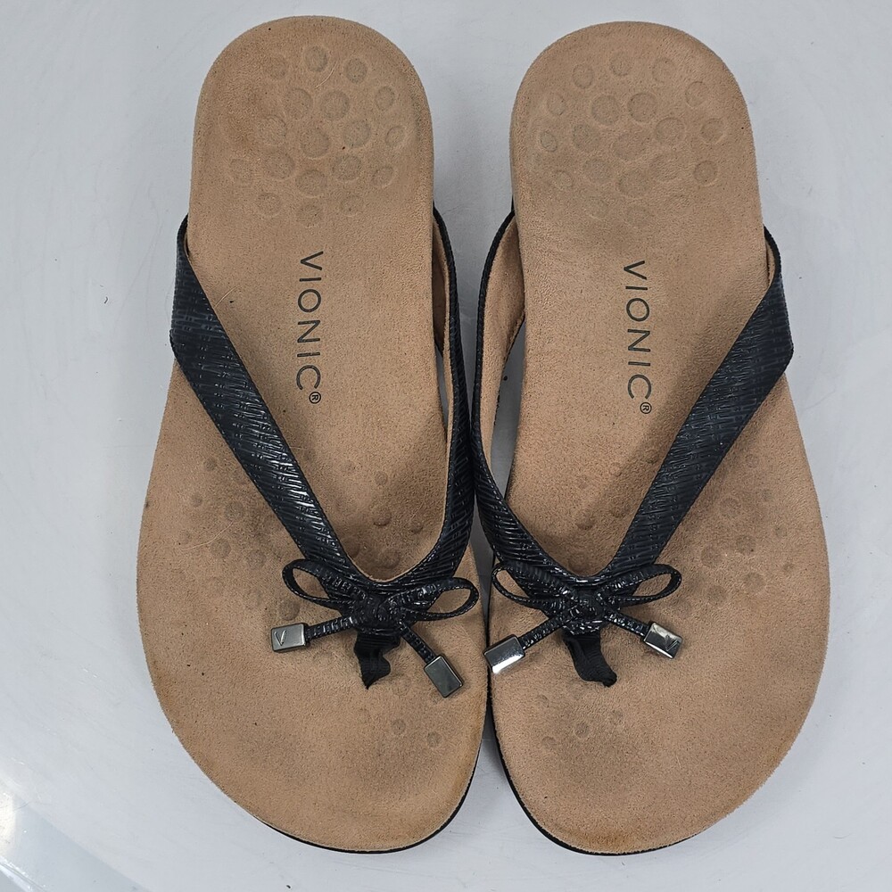 Vionic Bella II Women 9 Thong Flip Flops Bow Black Synthetic Comfort Sandals